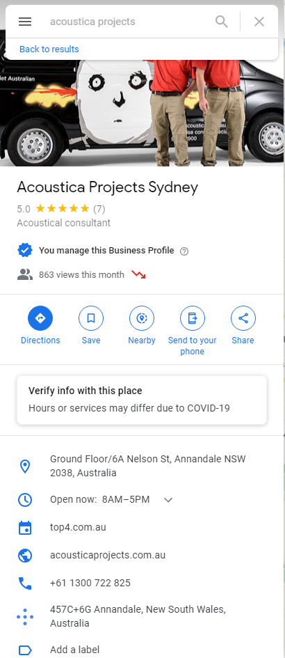 Google My Business - Acoustica Projects - Top4 Marketing