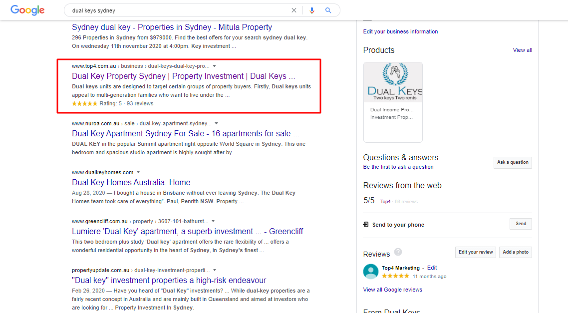 dual-keys-google-result-first-page - Top4 Marketing
