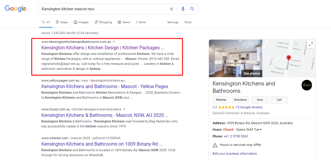 kensington-kitchen-and-bathrooms-google-result-first-page - Top4 Marketing