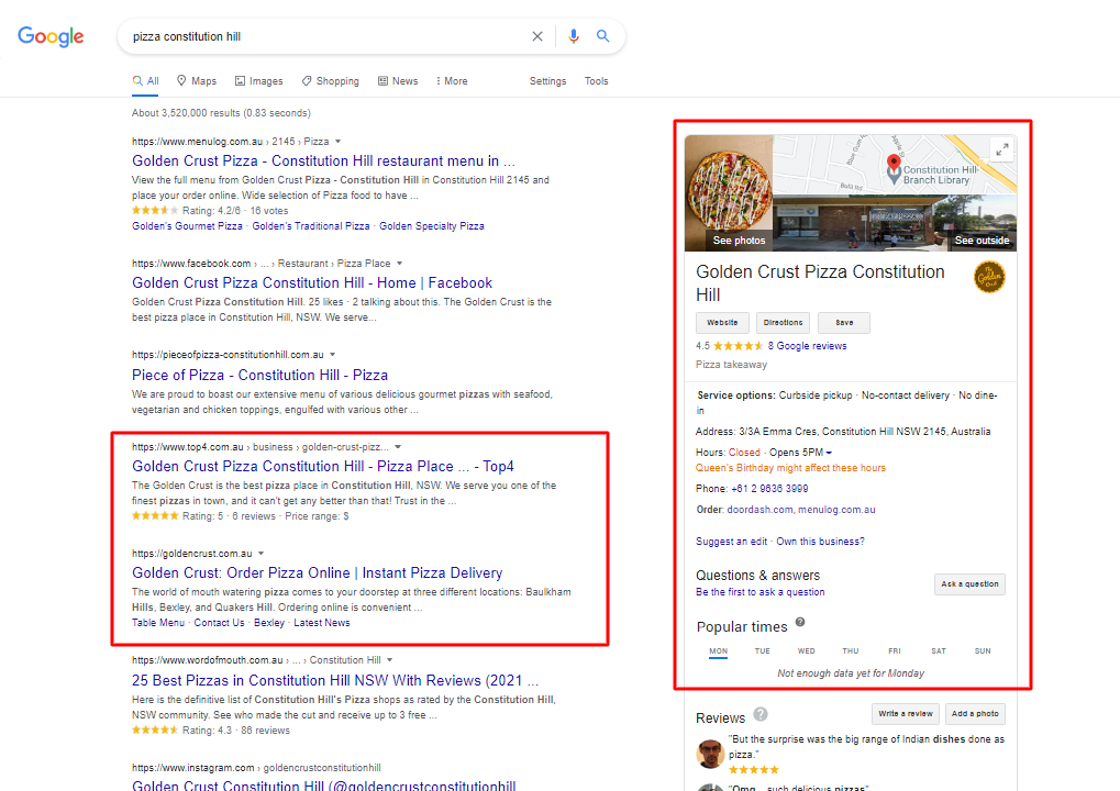 Golden Crust Pizza on the first page of Google