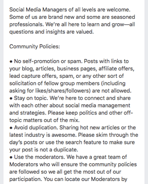 facebook group rules example