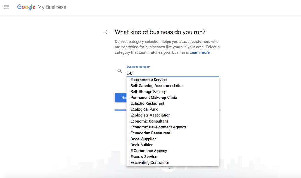 google my business category