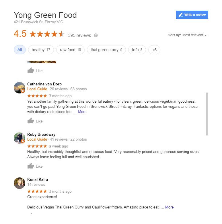 Google My Business listing - Yong Green Food