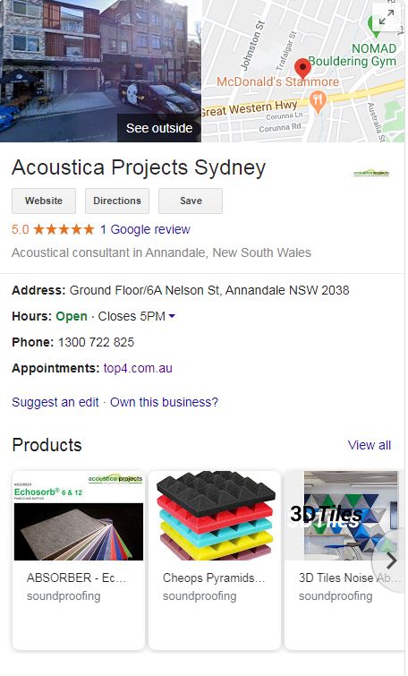Google My Business listing - Acoustica Projects