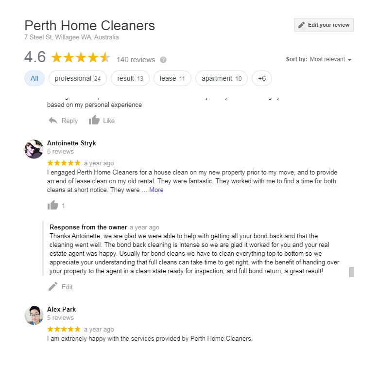 Perth Home Cleaners - Google My Business Reviews - Top4 Marketing