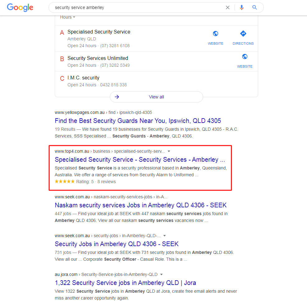 Specialised Security Service - Google Results - Top4 Marketing