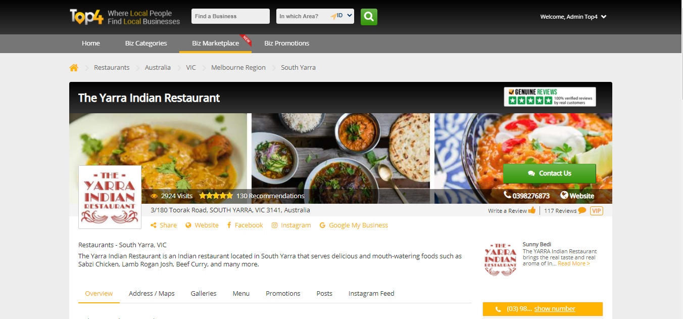 Top4 Listing - Yarra Indian Restaurant - Top4 Marketing
