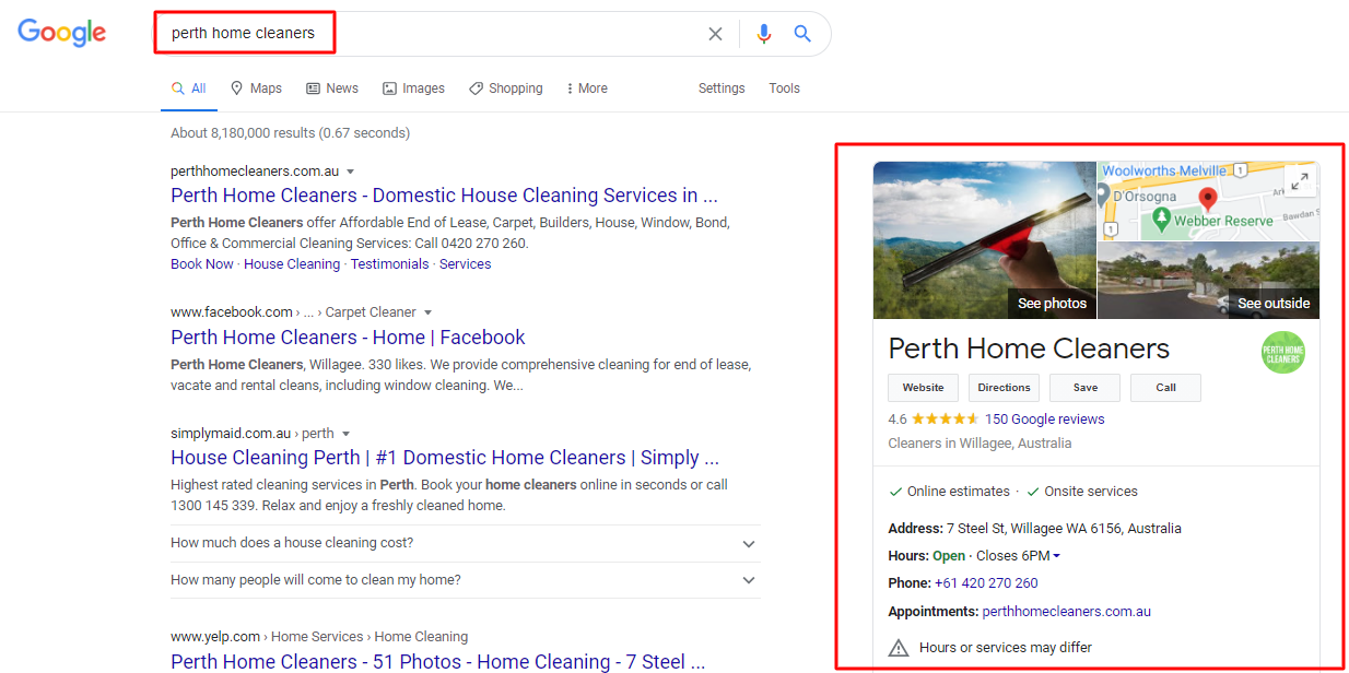 Perth Home Cleaners SEO result on Google - Top4 Marketing