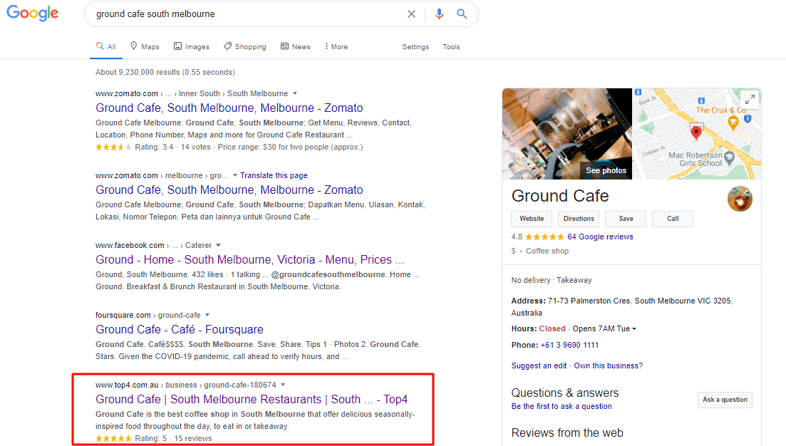 ground-cafe-google-result-first-page - Top4 Marketing
