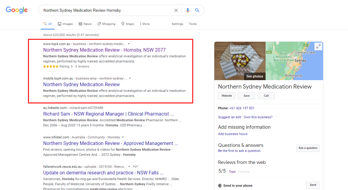 northern-sydney-medication-review-google-result-first-page - Top4 Marketing