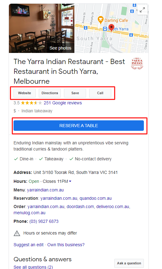Yarra Indian Restaurant - Google My Business - Top4 Marketing