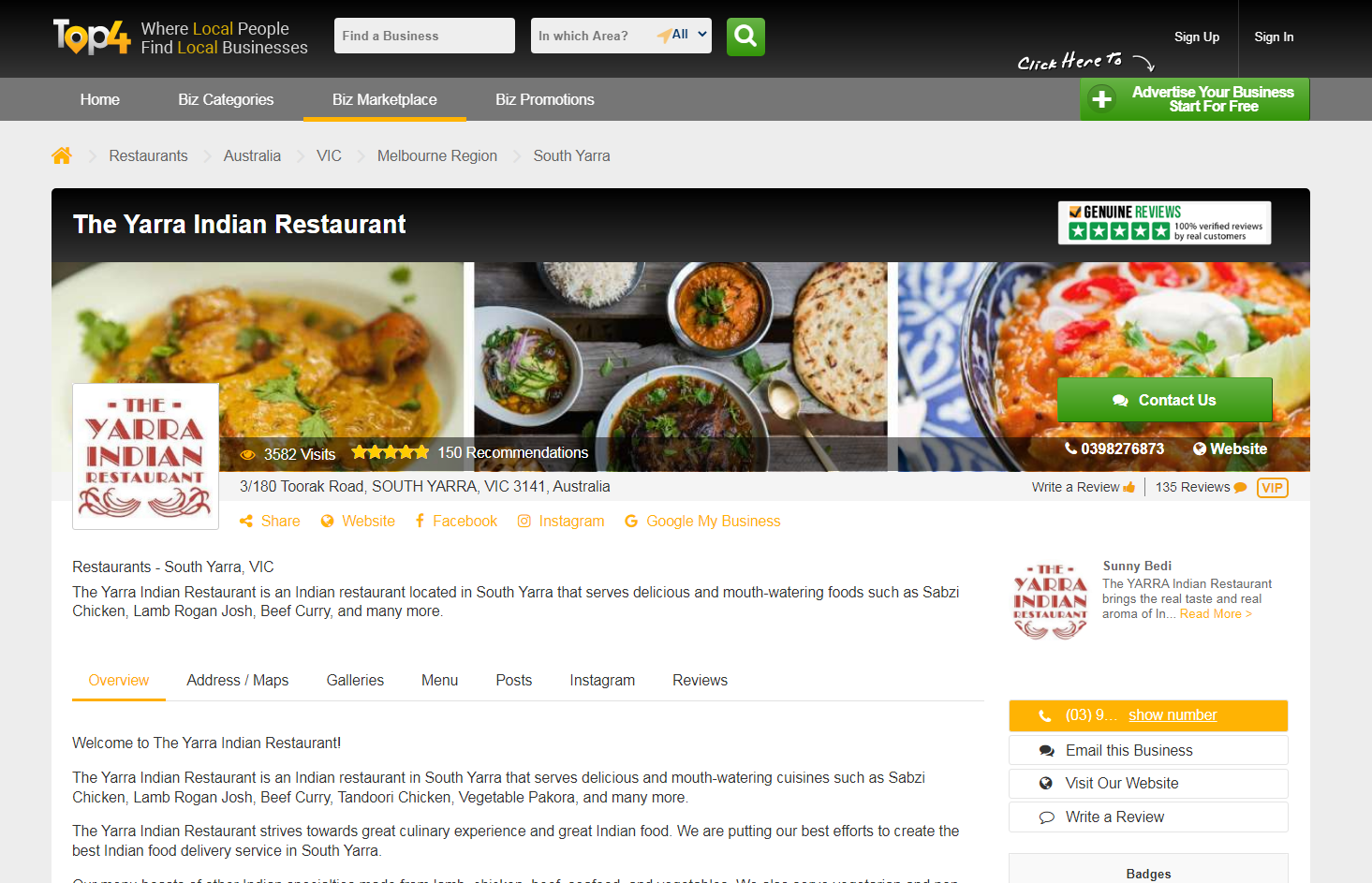 The Yarra Indian Restaurant - Top4 Listing - Top4 Marketing