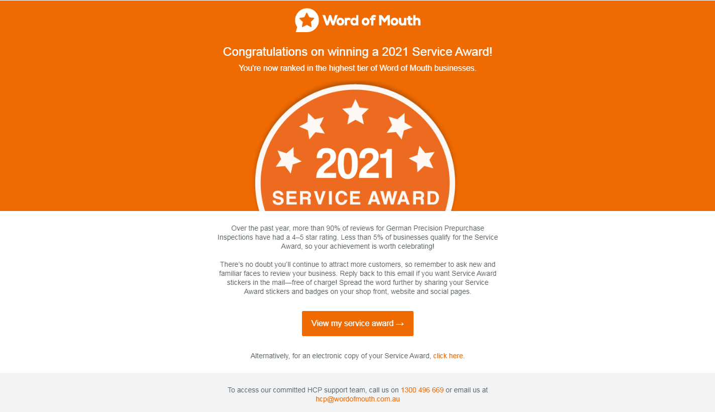 Word of Mouth 2021 Service Award for German Precision