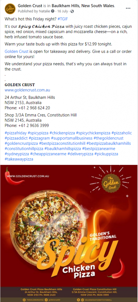 Golden Crust spicy chicken Pizza to be promoted on social media