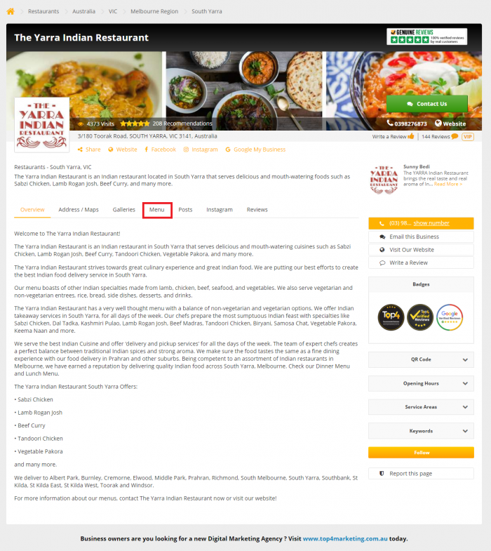 Yarra Indian Restaurant's business profile on top4