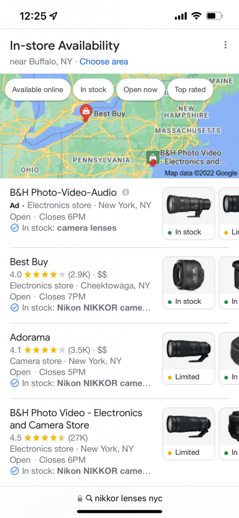 In-store availabality search results