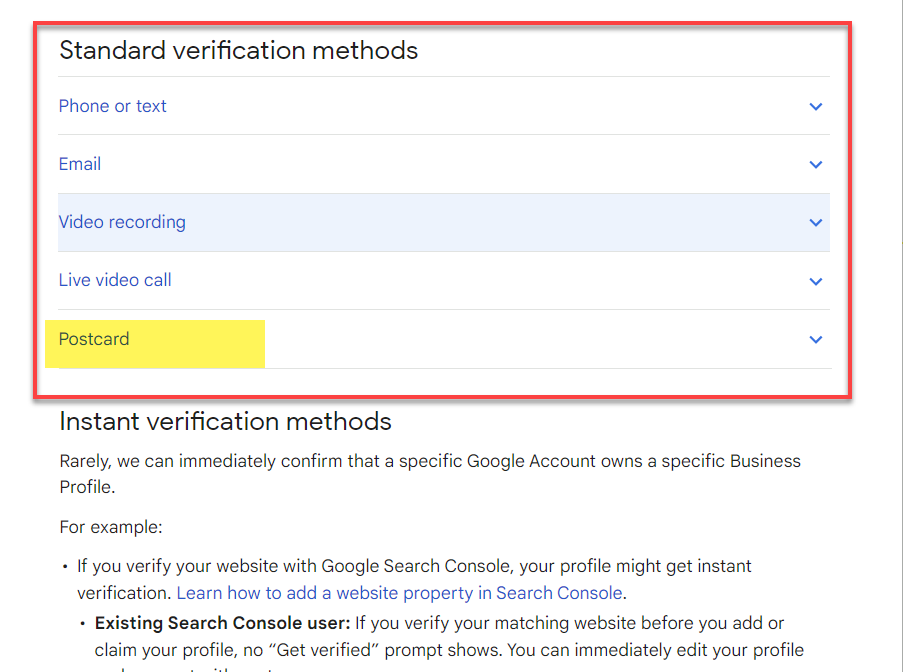 google business verification method via postcard