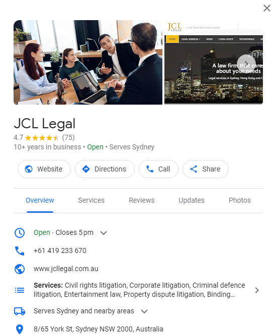 Law firm's Google Business Profile - JCL Legal